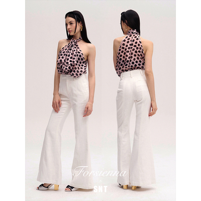 SNT 全新升级重磅亚麻 时髦老钱风白色喇叭裤