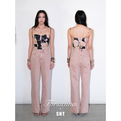 SNT 定染的干枯玫瑰色直筒牛仔裤