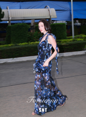 3.26中午12点上新 SNT【午夜黛西】复古荷叶袖花卉飘带吊带长裙