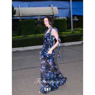 复古荷叶袖 午夜黛西 花卉飘带吊带长裙 SNT 3.26中午12点上新