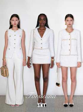 SNT 彩点黑色细格粗花呢经典外套/收腰外套/短裙/马甲