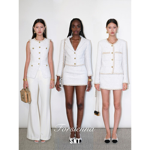 SNT 彩点黑色细格粗花呢经典外套/收腰外套/短裙/马甲