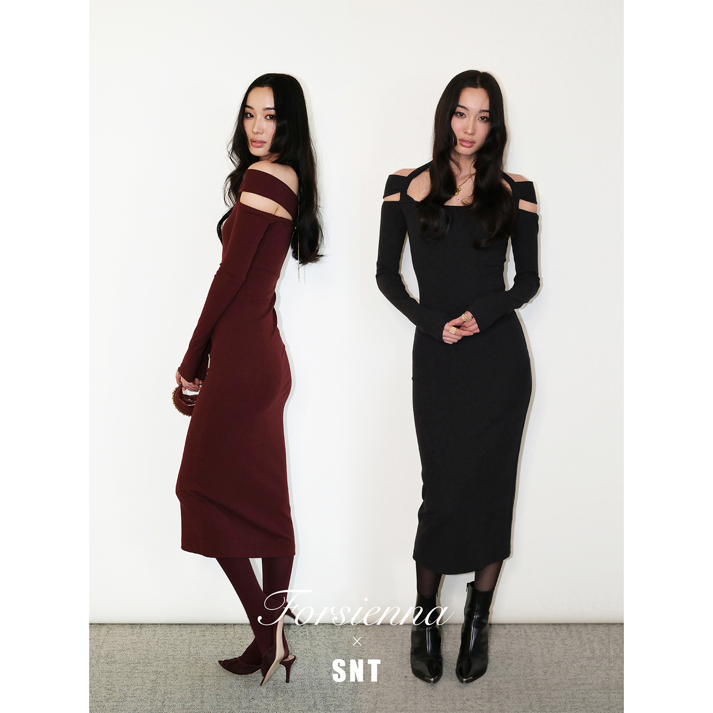 SNT【优雅定义】波尔多红/黑色 设计感挂脖针织连衣裙