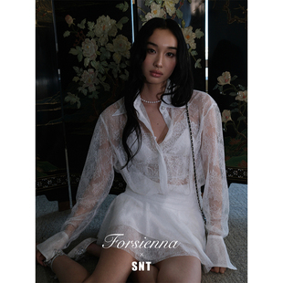 SNT 镂空透视感白色蕾丝腰封衬衣裙