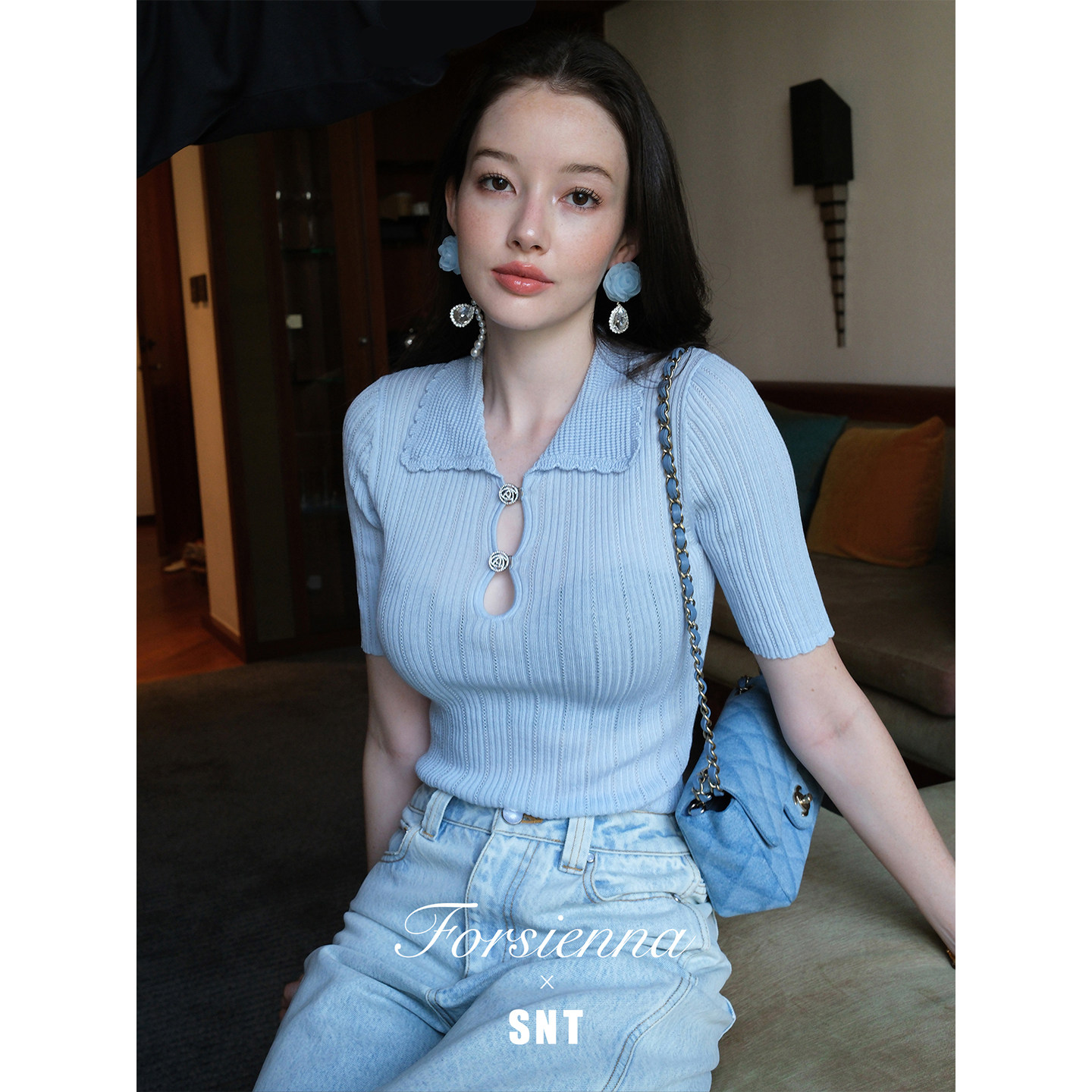 SNT【第二层肌肤】莱赛尔三醋酸云朵白/baby蓝修身针织短袖