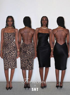 SNT 桑蚕丝黑色/豹纹印花平口露背吊带裙
