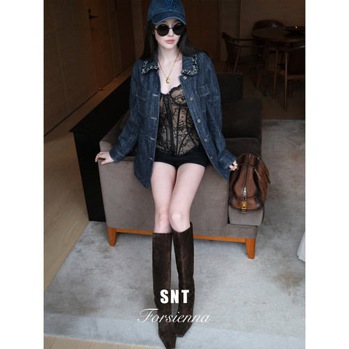 SNT【牛仔都市】订织细碎星光感点纱工装宽松型牛仔外套