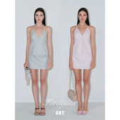 套装 SNT 灰色条纹 珍珠挂脖露背绑带上衣裙裤 粉红女郎 粉色