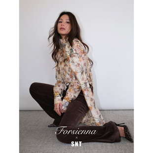 微透视感超大飘带衬衣 韩国进口印花剪花 SNT 古典油画