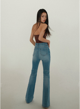 SNT 全新升级 浅蓝色/深蓝色高腰微喇叭牛仔裤女微喇牛仔裤