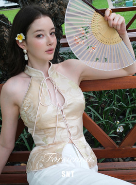【冷香】意大利进口面料新中式立领水墨印花修身挂脖上衣