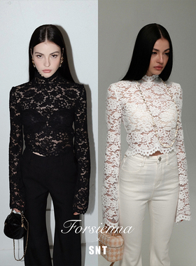 SNT【苏醒玫瑰】黑色/白色 微喇袖小立领蕾丝上衣