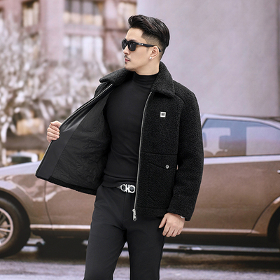 海宁真羊毛羊剪绒大衣男皮毛一体羊羔毛皮草外套翻领加绒加厚冬装