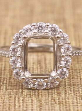 长方形925银戴妃款戒指空托围锆代裸石镶嵌18k金戒指空托活口