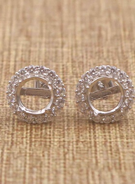 圆形925银戴妃款耳钉空托围锆代裸石镶嵌18k金多规格耳钉首饰空托