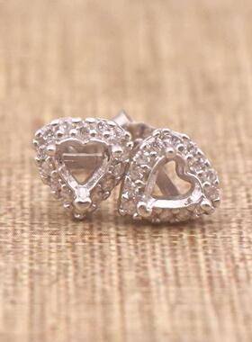 心形925银戴妃款耳钉空托围锆代裸石镶嵌18k金多规格首饰耳钉空托