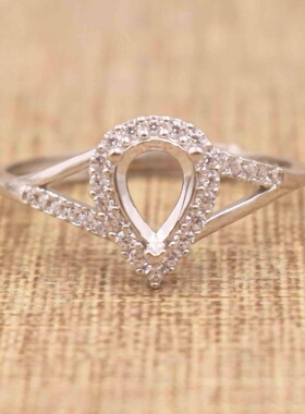 梨形925银戴妃款戒指空托围锆代裸石镶嵌18k金多规格戒指空托活口