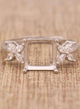 正方形925银戴妃款戒指空托围锆代裸石镶嵌18k金 戒指空托活口