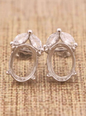 蛋形925银戴妃款耳钉空托围锆代裸石镶嵌18k金多规格耳钉首饰空托