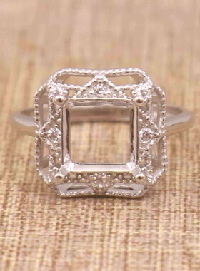 正方形925银戴妃款戒指空托围锆代裸石镶嵌18k金 戒指空托活口