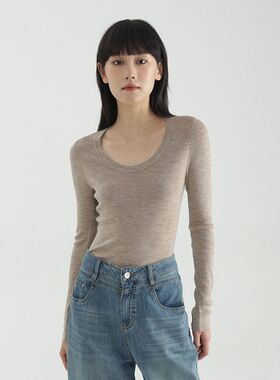 【德国BIELLA】48支扬子纱U领羊毛针织打底衫女毛衣修身显瘦上衣