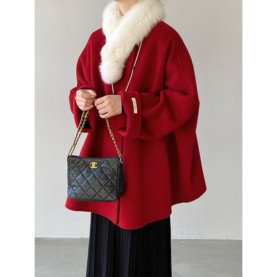 江左 新年战袍 小香风双面羊毛大衣女冬中长款狐狸毛圣诞外套9838