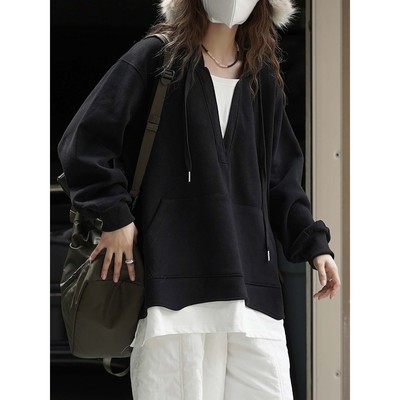 卢浮秋冬新款韩系慵懒感V领假两件拼接连帽卫衣廓形宽松上衣女