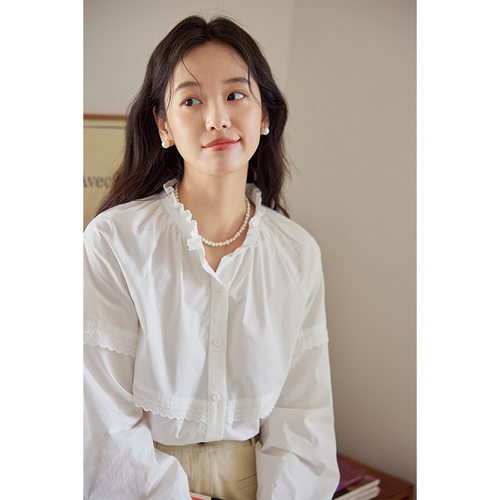 Moriirose白色/蓝色立领蕾丝花边衬衫女秋季法式长袖宽松气质