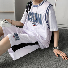 篮球服班服男运动套装 韩版 潮流帅气情侣假两件短裤 短袖 两件套 夏季