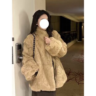 【现】冬季毛毛外套皮毛一体安哥拉长毛草原兔立领加厚短外套XJ02