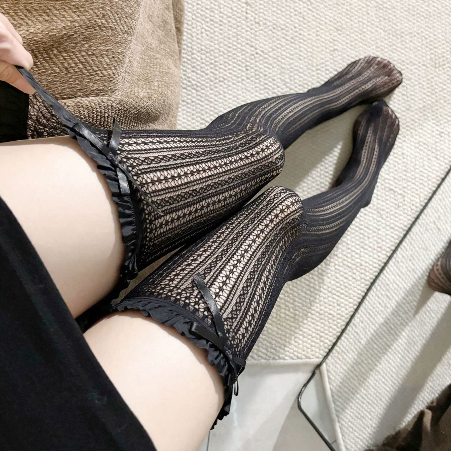 超薄镂空花边网袜高筒袜女春夏打底袜甜美过膝袜美腿袜性感长筒袜