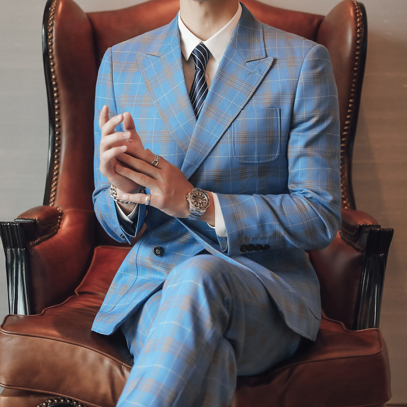 2长期款男士西服套装双排扣三件套新郎结婚礼服伴郎6035P300,男装西服套装,电商D216