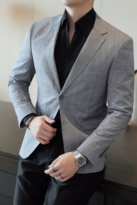 人模图2025新款男士休闲西服时尚修身西装格子单西外套DX6935P165图片