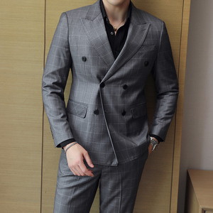 模特图-新款男士西服套装商务休闲格子西装二件套LJT6037P240图片