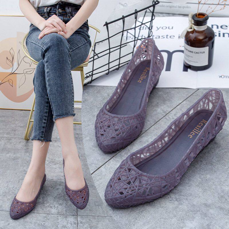 橡胶鞋2023尖头塑料坡跟夏季平底镂空凉鞋包头新款洞洞鞋透明果冻