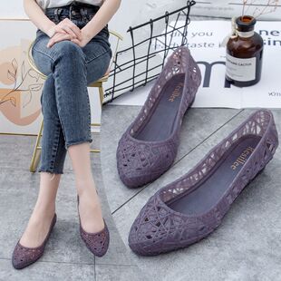 橡胶鞋2023尖头塑料坡跟夏季平底镂空凉鞋包头新款洞洞鞋透明果冻