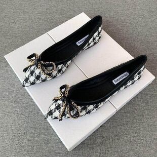 平底2023淑女鞋新款千鸟格单鞋瓢鞋百搭尖头女蝴蝶结四季软底舒适