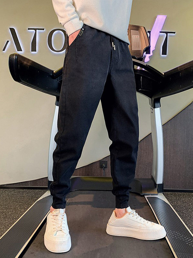 OBOY 봄 가을 유행 모조 청바지 남성 잘 생긴 스트리트 레깅스 유행 브랜드 다목적 작은 발 캐주얼 바지 유행