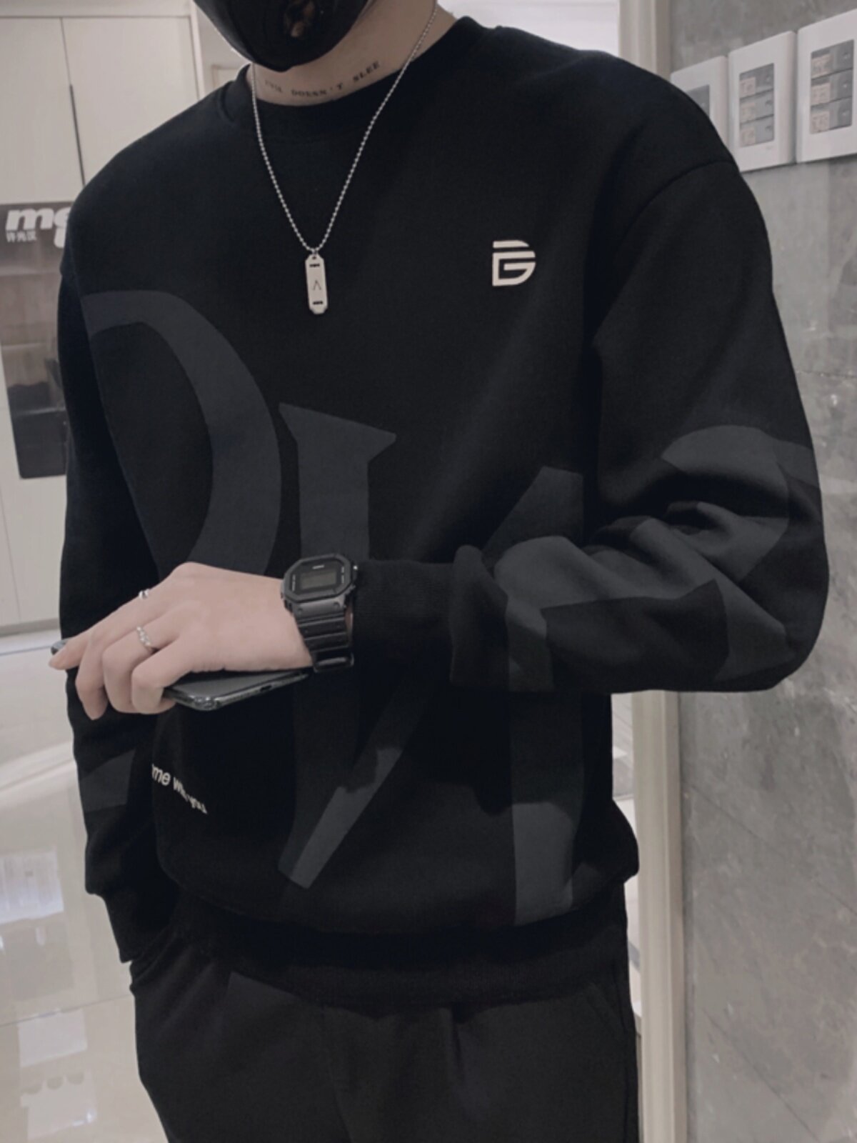 OBOY 봄 가을 신작 편지 프린트 스웨트 셔츠 남성용 한국 스타일 트렌디 한 잘 생긴 라운드 넥 탑 캐주얼 다재다능한 바닥 셔츠