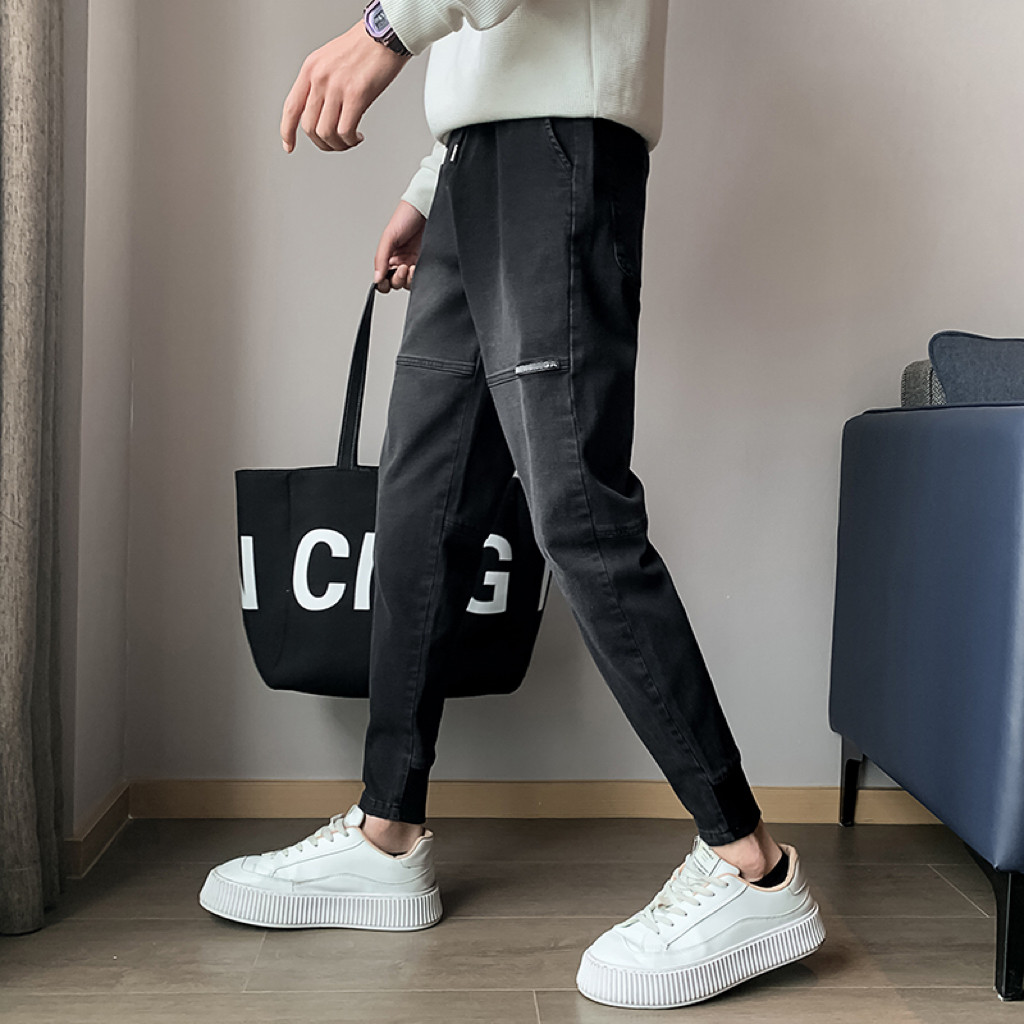 오보이 봄가을 트렌디한 남성 벨벳진 트렌디한 브랜드 스플라이싱 슬림핏 레깅스 핸썸 꼬마발 하렘팬츠