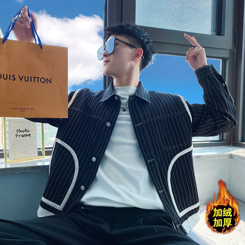 OBOY 봄 가을 스트라이프 재킷 남성 트렌디 브랜드 잘생긴 스티치 플러스 벨벳 재킷 트렌디 패션 옷깃 남성 탑