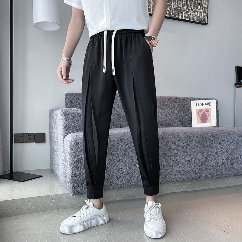 오보이 여름 얇은 얼음 실크 캐주얼 바지 남성 트렌디한 발목 타이 9점 바지 잘생겼다 드레이프 하렘 작은 정장 바지 9점