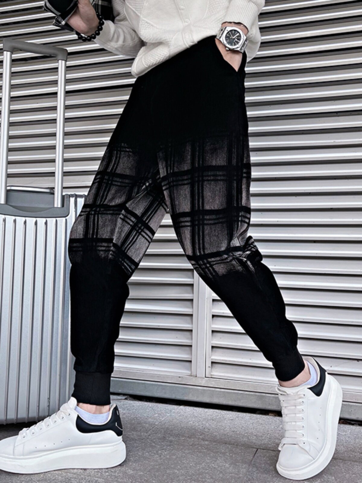 OBOY 봄 가을 디자인 셔닐 그라데이션 자카드 레깅스 남성 트렌디 브랜드 잘 생긴 슬림 스트레치 캐주얼 바지