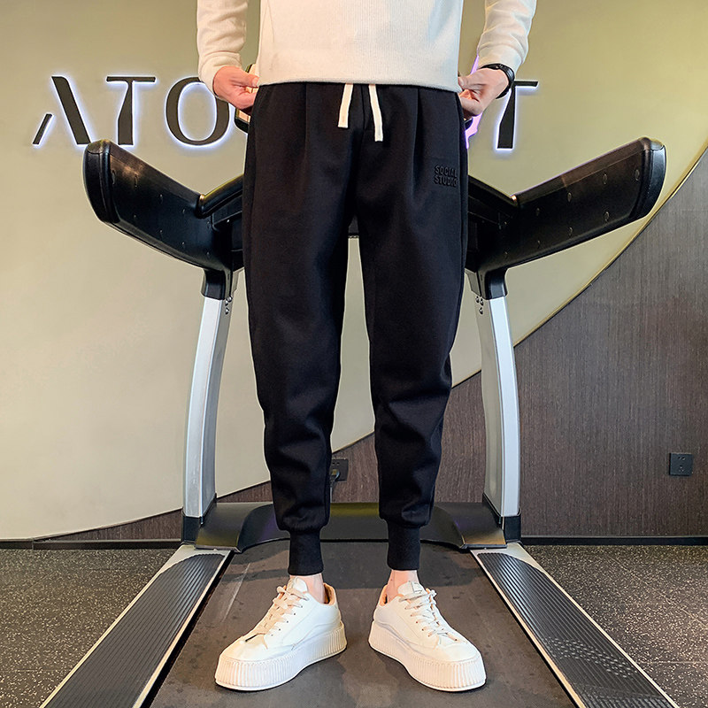 OBOY 봄 가을 벨벳 두꺼운 레깅스 스웨트 팬츠 남성 인터넷 연예인 유행 브랜드 잘 생긴 하렘 바지 캐주얼 신발 스웨트 팬츠