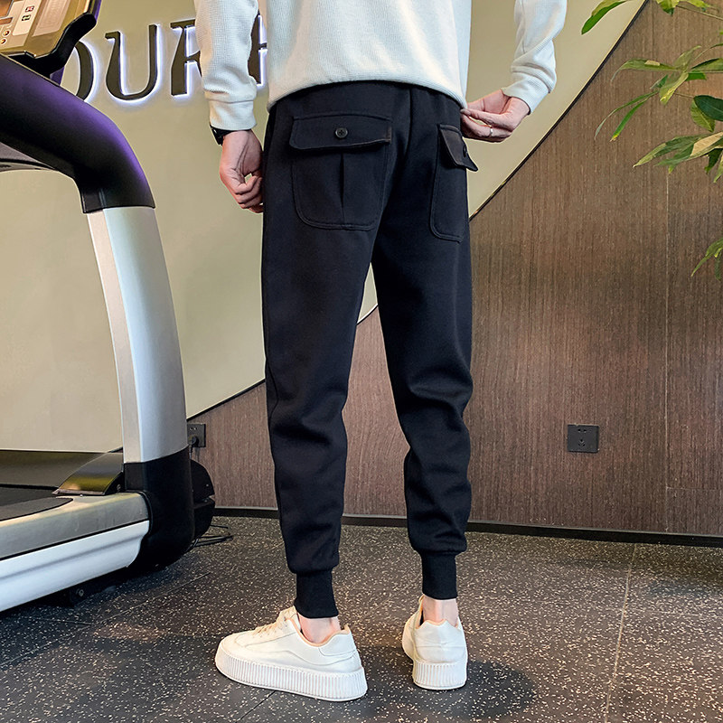 OBOY 봄 가을 벨벳 두꺼운 레깅스 스웨트 팬츠 남성 인터넷 연예인 유행 브랜드 잘 생긴 하렘 바지 캐주얼 신발 스웨트 팬츠