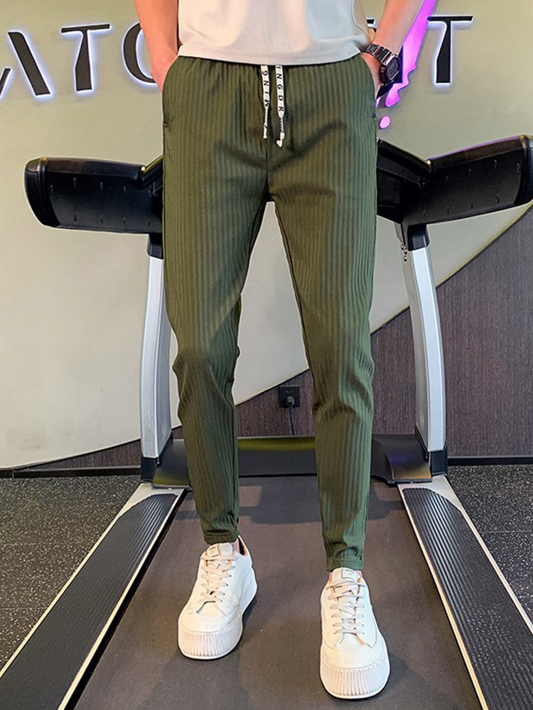 OBOY 여름 얇은 슬림 핏 캐주얼 바지 남성 트렌디 브랜드 잘 생긴 탄성 작은 다리 바지 인기 한국 스타일 졸라 매는 끈 긴 바지