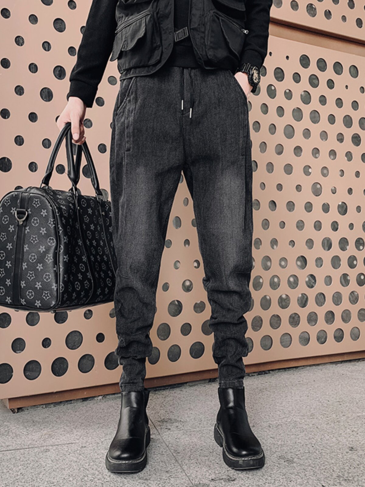 OBOY 봄 가을 잘 생긴 플러스 벨벳 오버올 남성 트렌디 브랜드 슬림 신축성 레깅스 캐주얼 다재다능한 스몰 레깅스 트렌디