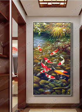 装饰画客厅背景墙现代玄关竖幅装饰油画鲤鱼荷花溪流九鱼图有框画