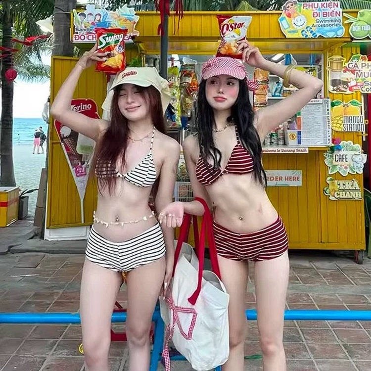 日系复古条纹性感辣妹比基尼