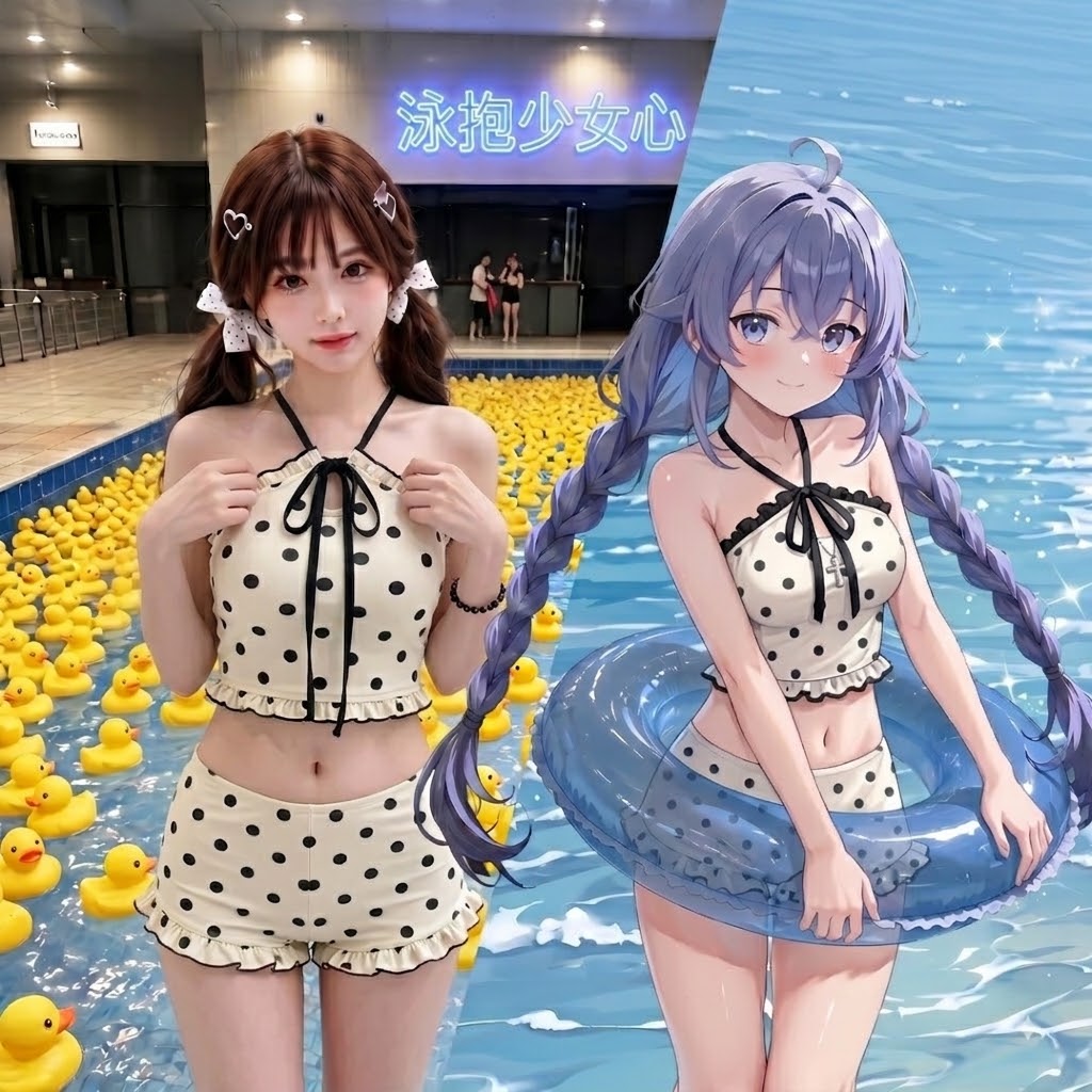 复古波点木耳边小胸聚拢比基尼